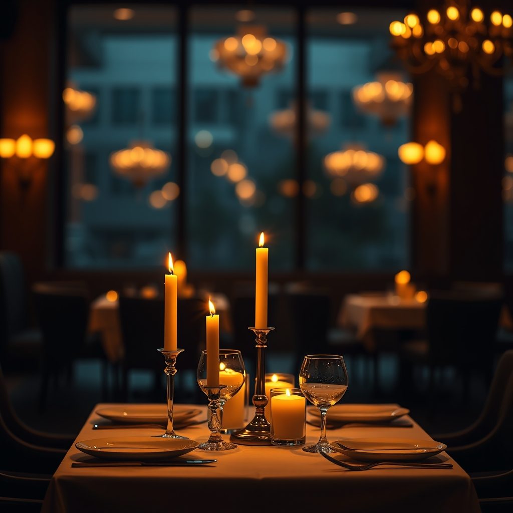 Candlelit dinner table set for two at an upscale restaurant