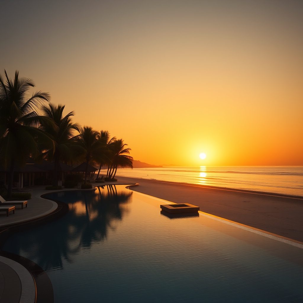 Tropical resort infinity pool at golden hour